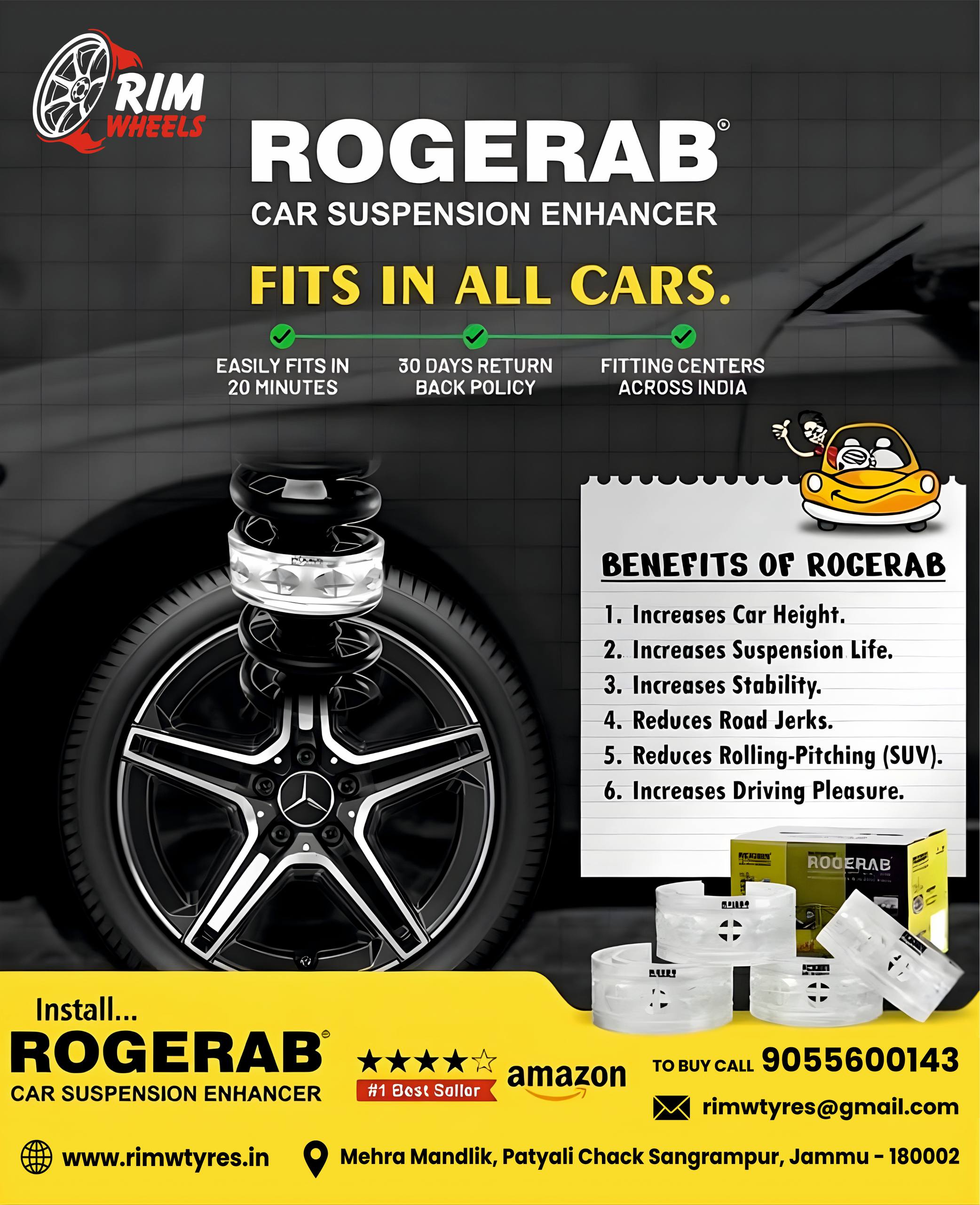 ROGER Rogerab For ALL CAR MODELS (4Pcs) Patented,ARAI Tested Car Coil Spring Buffer Kit To Increase Car Height & Comfort fo All Car